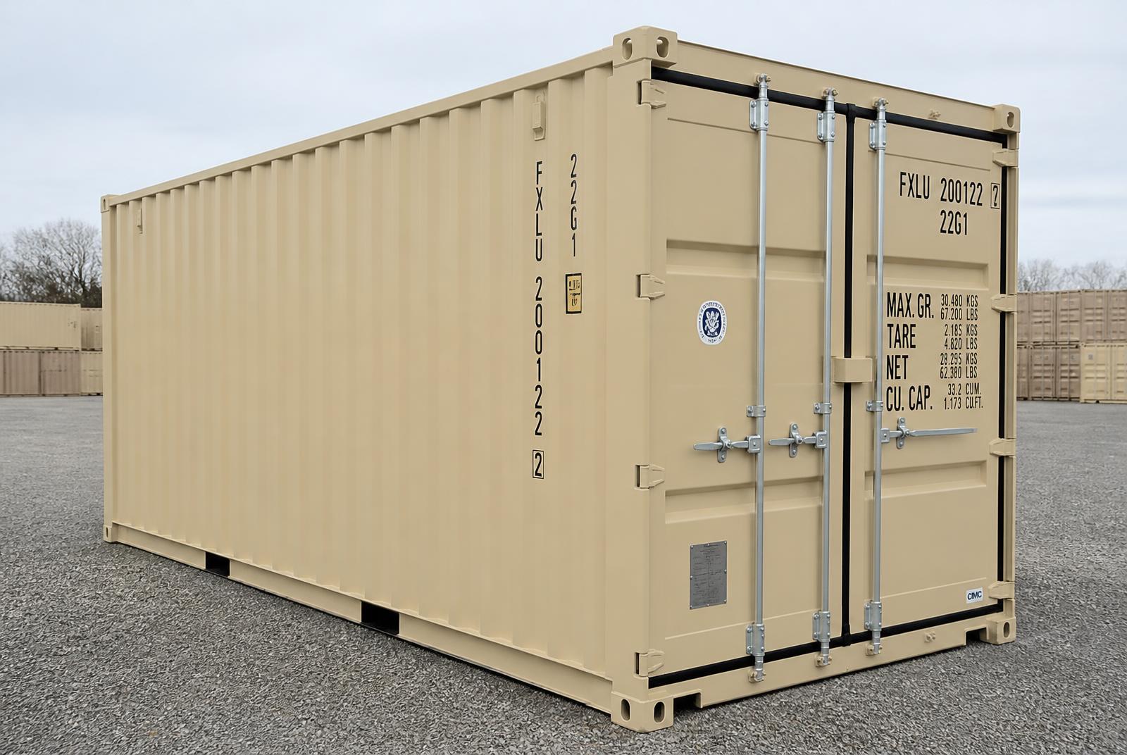 New (One-Trip) 20' shipping container in tan