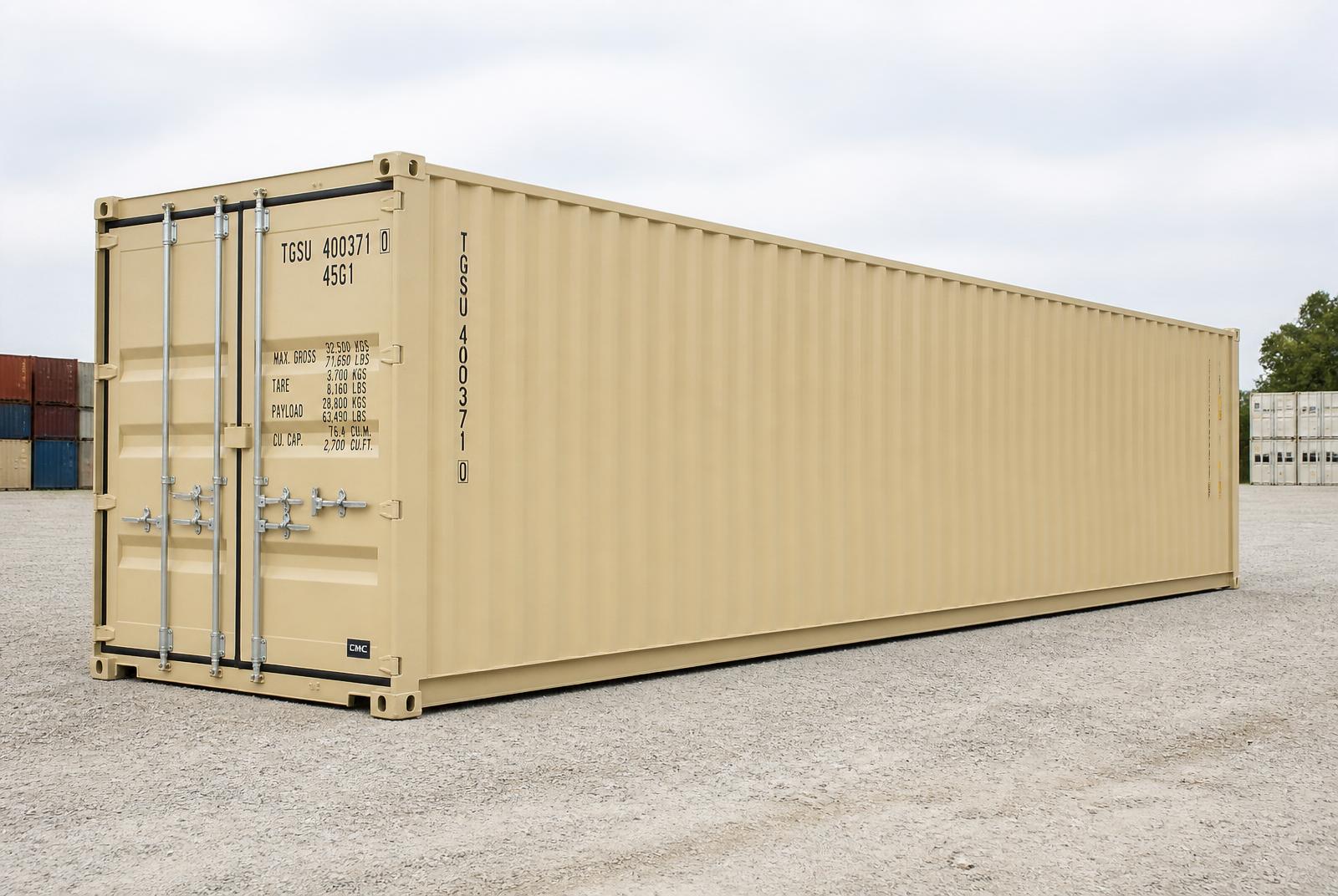 New (One-Trip) 40' shipping container in tan
